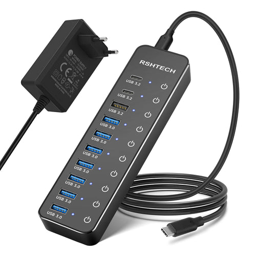 USB Hub 10-Port aktiv mit Netzteil 60W, 7x USB 3.0 + 3x USB 3.2