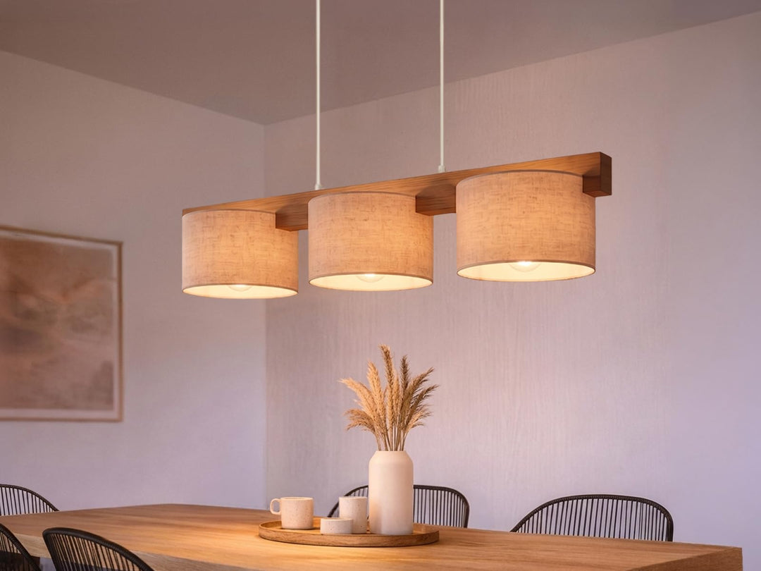 Pendelleuchte Holz Stoff 3-flammig 100cm breit Esszimmer