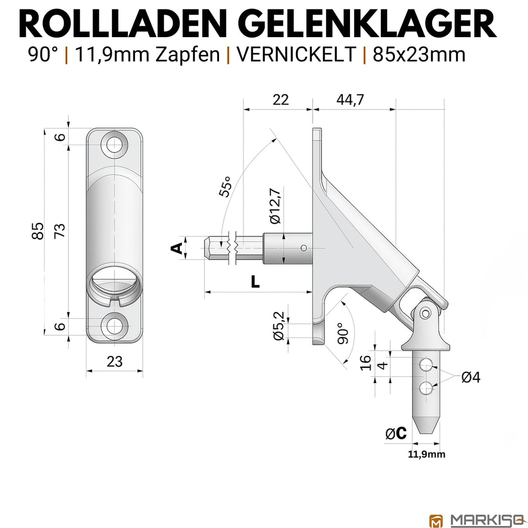 Gelenklager 90° Rolladen Zinkdruckguss 23x85mm Vierkant 6mm - Bild 3