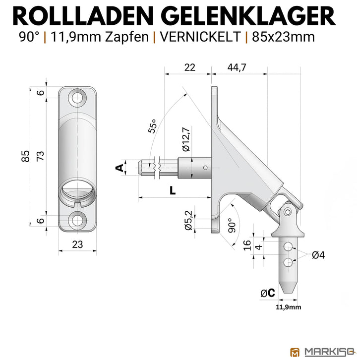 Gelenklager 90° Rolladen Zinkdruckguss 23x85mm Vierkant 6mm - Bild 3