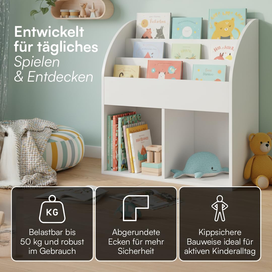 Kinderbücherregal Holz Weiss 3 Fächer mit 2 Ablagefächern Montessori - Bild 6