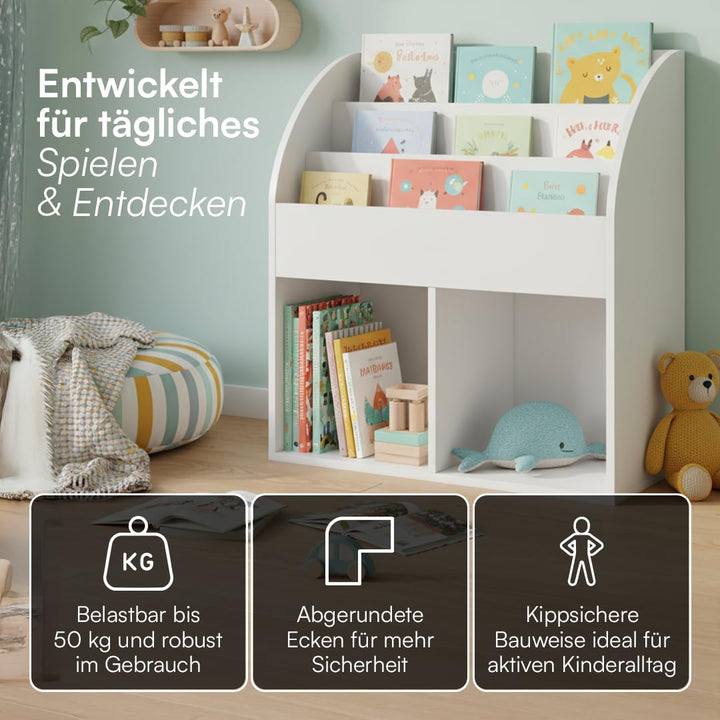 Kinderbücherregal Holz Weiss 3 Fächer mit 2 Ablagefächern Montessori - Bild 6