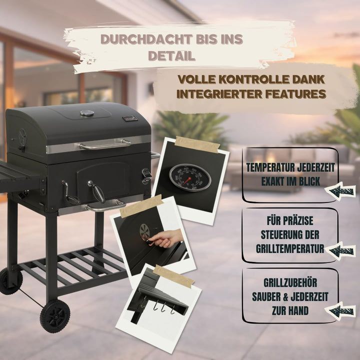 Holzkohlegrill mit Deckel, Gusseisenrost &amp; Abdeckhaube - Bild 4
