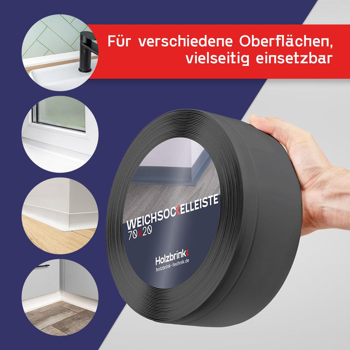 Weichsockelleiste PVC selbstklebend 70x20mm Grau 5m Kantenschutz - Bild 3