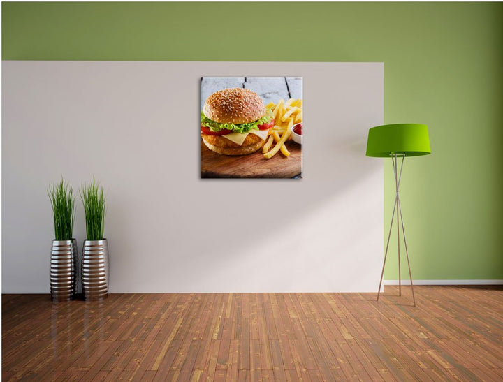 Leinwandbild Chickenburger mit Pommes quadratisch 70x70 cm - Bild 3