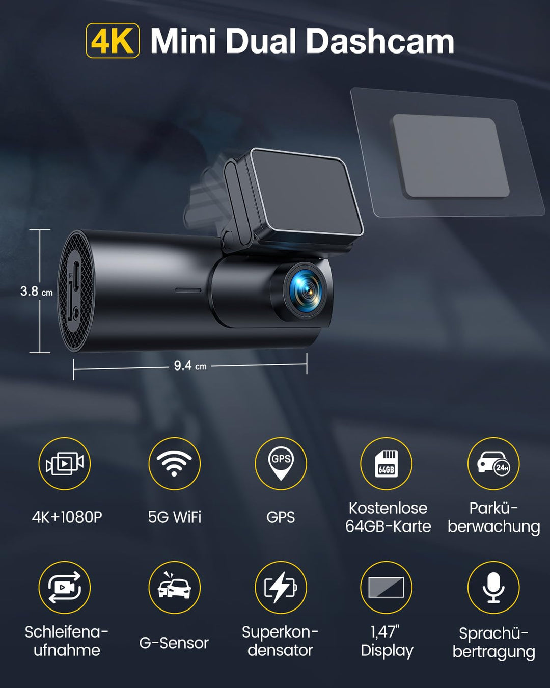 Dashcam Vorne Hinten 4K+1080P mit 5.8GHz WiFi GPS und 64GB SD - Bild 4