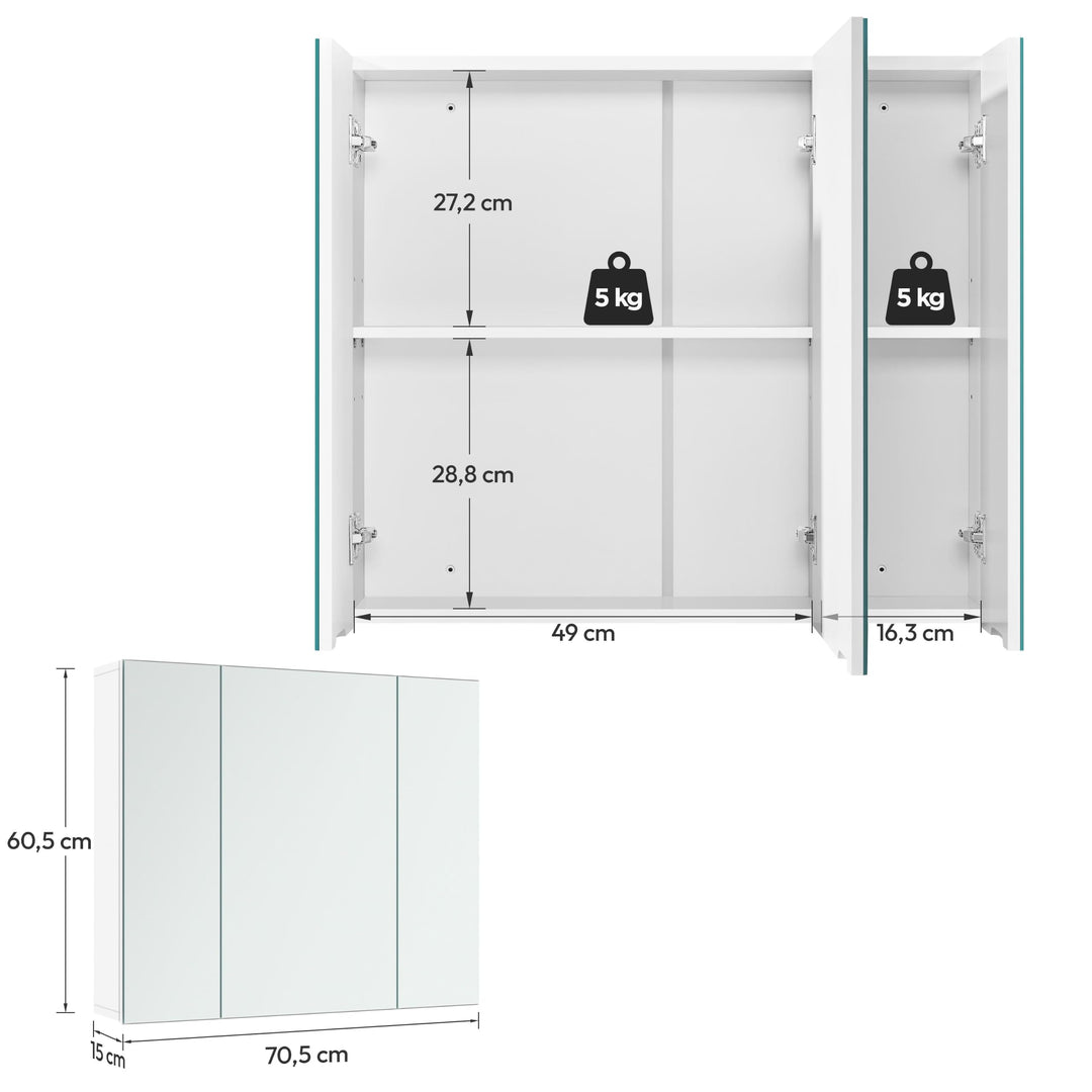 Spiegelschrank Bad Weiss 3 Spiegeltüren 70,5x15x60,5 cm Hängeschrank - Bild 3