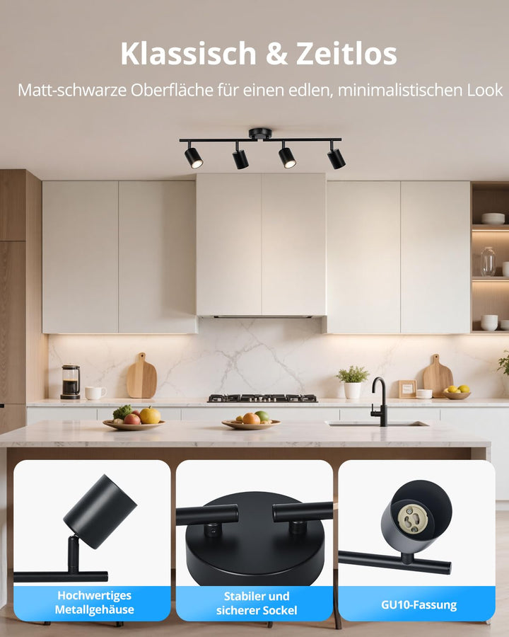Deckenstrahler Schwarz 4-flammig GU10 Metall schwenkbar - Bild 3