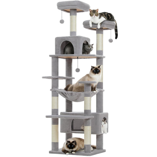 Kratzbaum 184 cm für grosse Katzen mit Höhle und Hängematte Grau