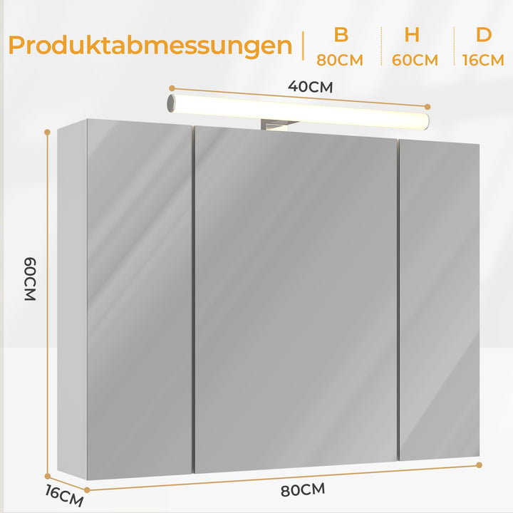 Spiegelschrank Bad mit LED-Beleuchtung 3 Türen Weiss 80x60x16cm - Bild 2