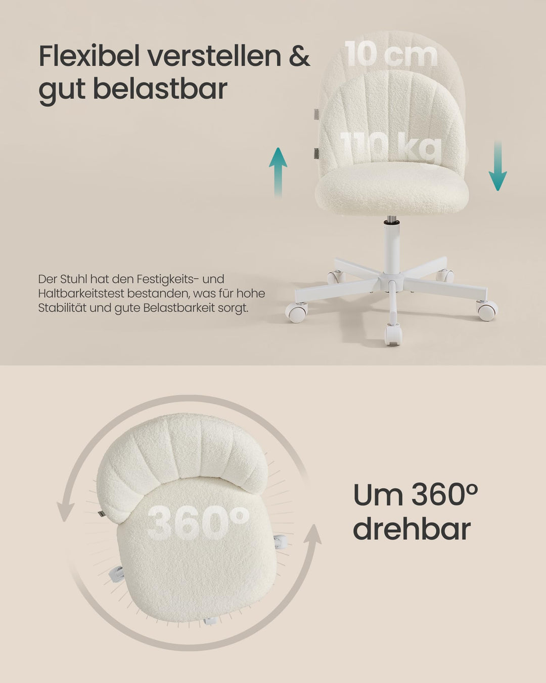 Drehstuhl Teddy-Fleece cremeweiss höhenverstellbar bis 110 kg - Bild 6