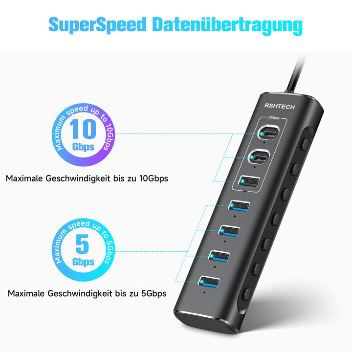 USB-Hub 7-Port mit Netzteil, Einzelschalter, 10 Gbps, Aluminium - Bild 4