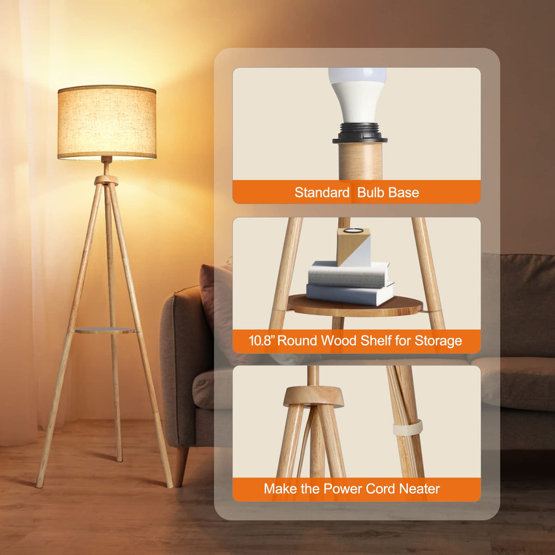LED Stehlampe Dreibein Holz mit Regal, Fernbedienung, dimmbar - Bild 3