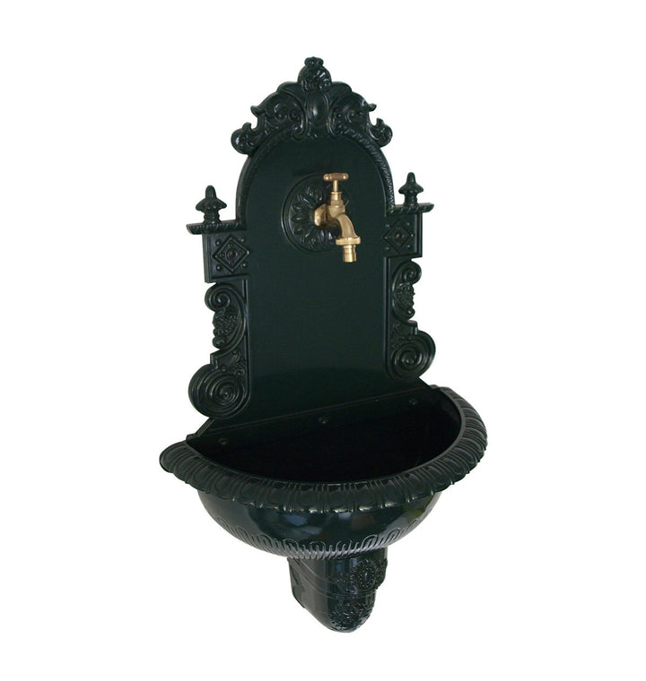 Wandbrunnen Nostalgie Aluguss dunkelgrün 75 cm mit Wasserhahn