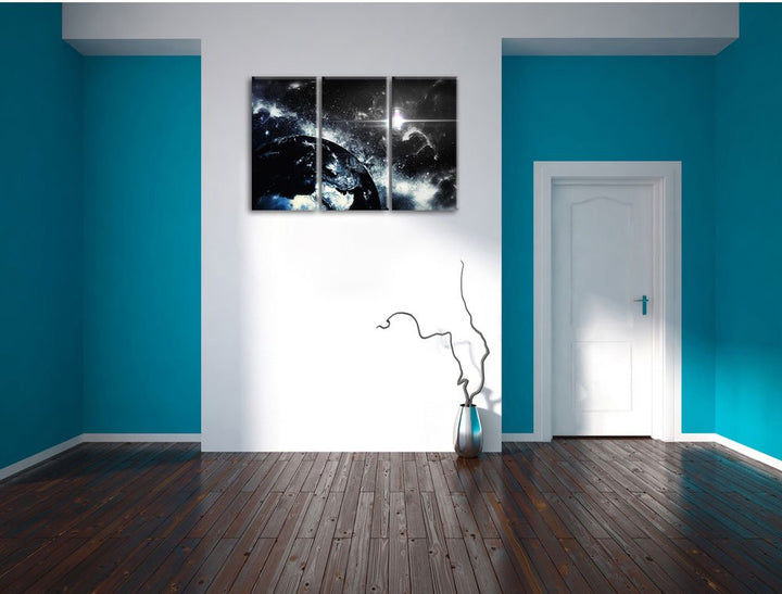 Leinwandbild 3-teilig Erde bei Nacht Schwarz-Weiss 120x80 cm - Bild 5