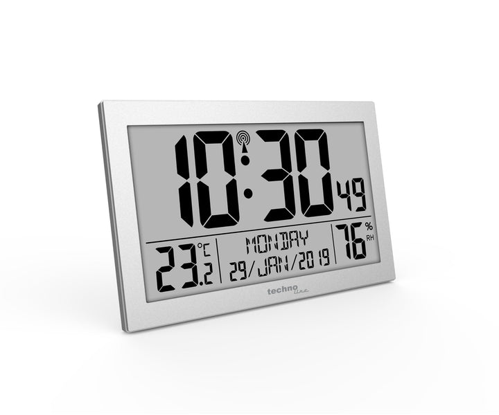Funk-Wanduhr digital DCF77 mit Temperatur &amp; Luftfeuchtigkeit, 2 Weckalarme, Silber - Bild 5