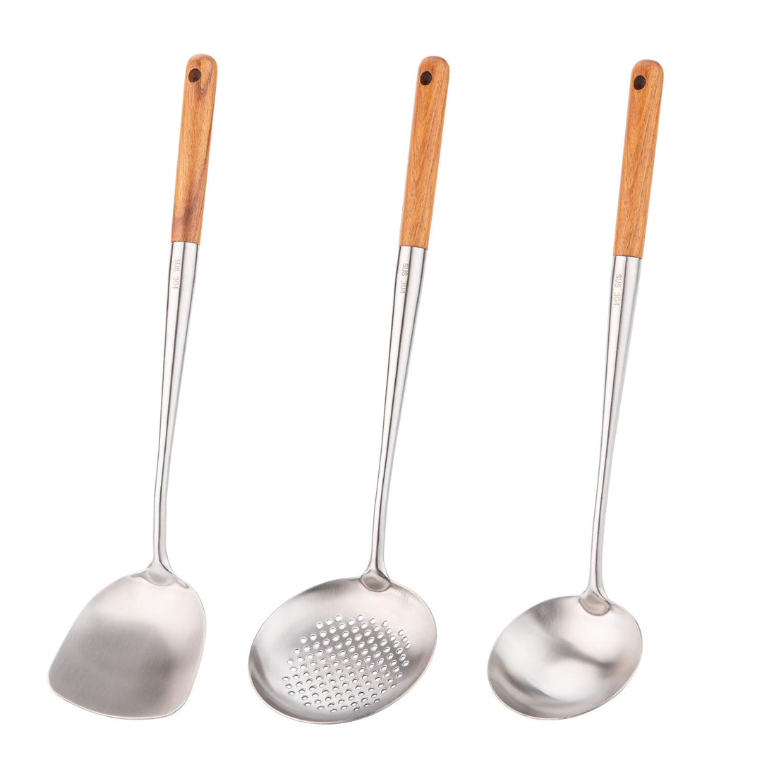 Wok-Kochutensilien Set 304 Edelstahl mit Birnenholzgriff 43 cm