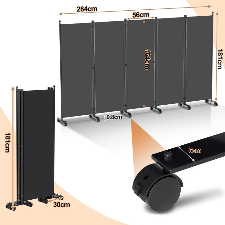 Paravent Raumteiler auf Rollen 5-teilig 284x181 cm Anthrazit faltbar - Bild 2