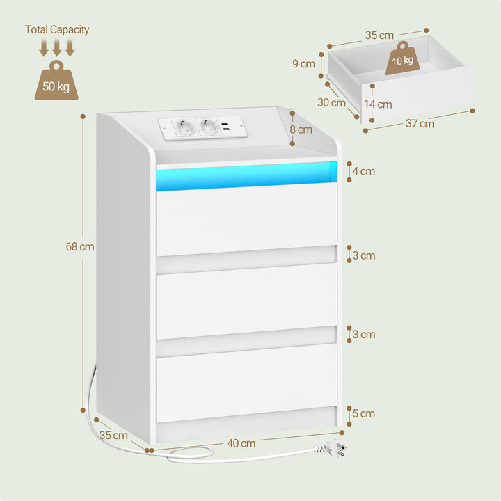 Nachttisch 3 Schubladen mit LED-Licht und USB-Ladestation 2er Set - Bild 3