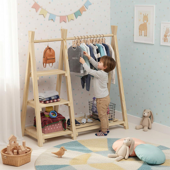 Kinder-Kleiderstange Massivholz Kiefer 4 Ablageflächen Montessori - Bild 7