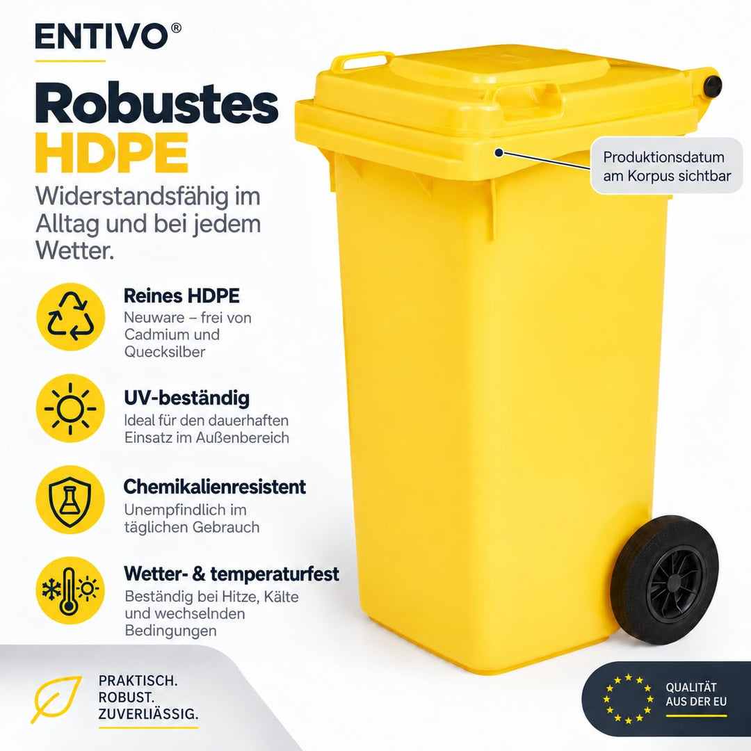 Mülltonne 120 Liter Gelb HDPE mit Deckel &amp; Rädern EN 840 - Bild 3