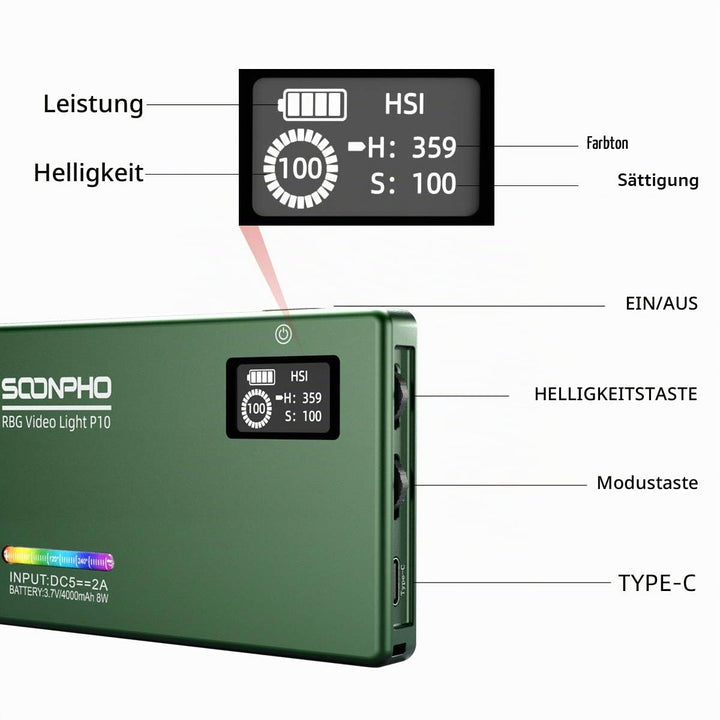 LED Videoleuchte RGB Aluminium 2500K-8500K dimmbar mit Akku - Bild 7