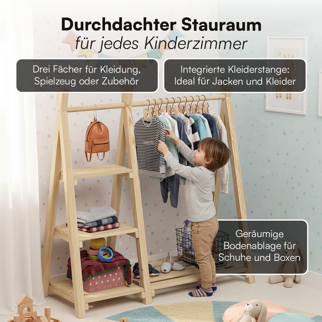 Kinder-Kleiderstange Massivholz Kiefer 4 Ablageflächen Montessori - Bild 4