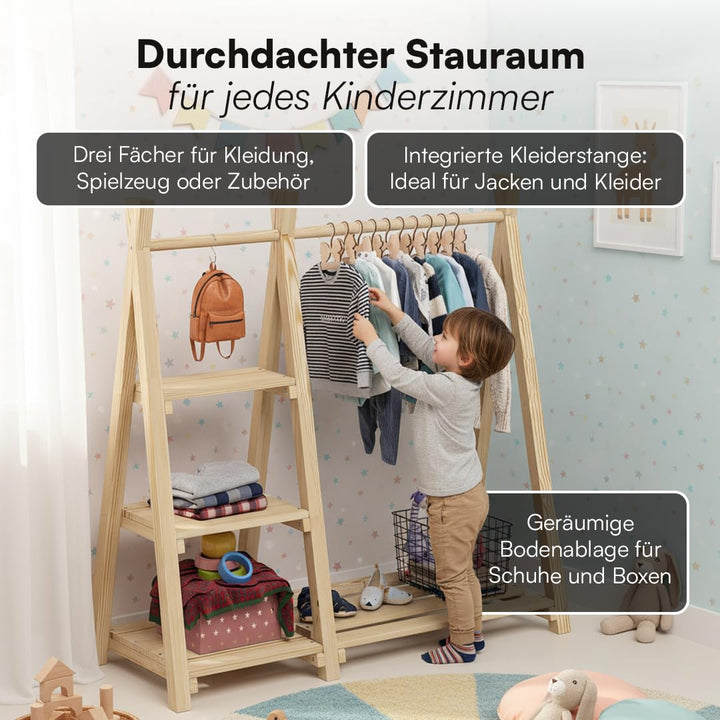 Kinder-Kleiderstange Massivholz Kiefer 4 Ablageflächen Montessori - Bild 4
