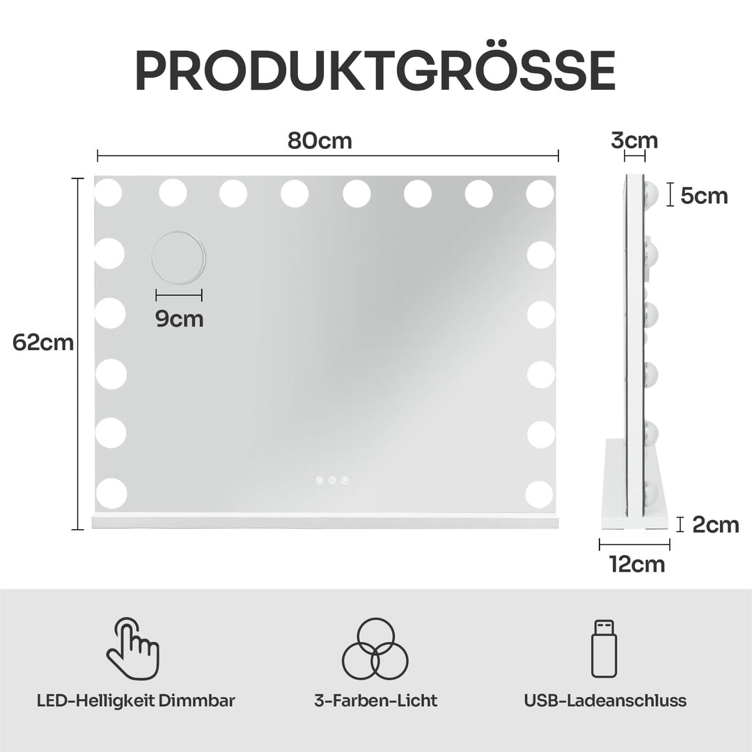 Schminkspiegel mit LED-Beleuchtung 80x60cm 3 Lichtmodi Hollywood-Stil - Bild 6