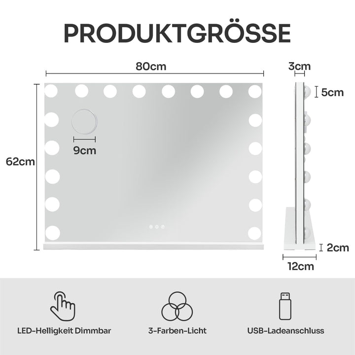 Schminkspiegel mit LED-Beleuchtung 80x60cm 3 Lichtmodi Hollywood-Stil - Bild 6