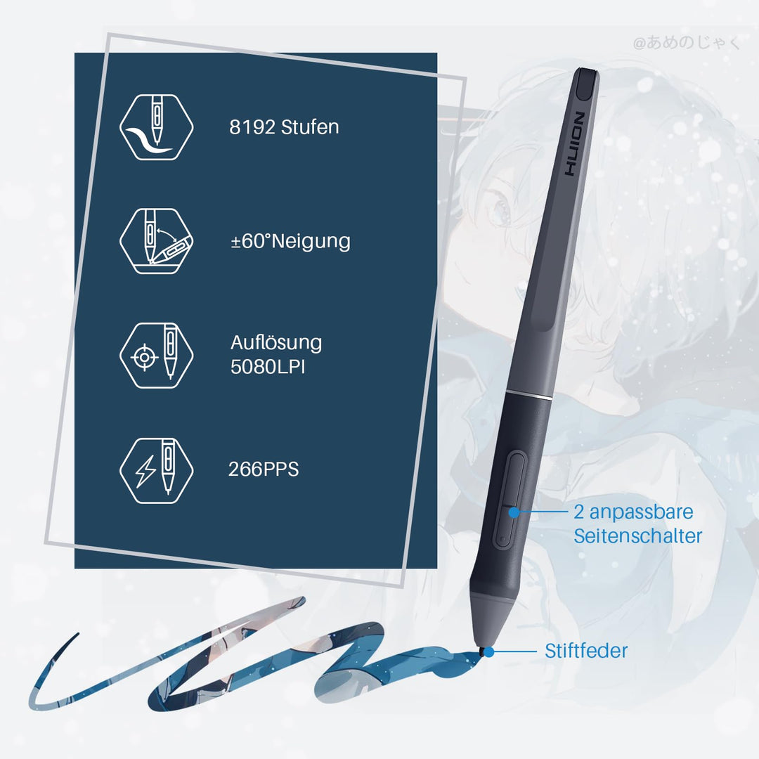 Grafiktablett 10x6 Zoll mit Multimedia-Tasten, 8192 Druckstufen, Grau - Bild 4