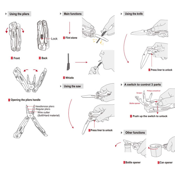 Multitool 14-in-1 Outdoor mit Zange, Säge, Messer und Feuerstein - Bild 10