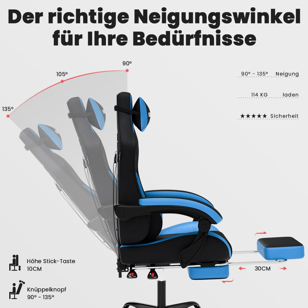 Gaming Stuhl mit Fussstütze Kunstleder Höhenverstellbar 150 kg Homeoffice - Bild 4