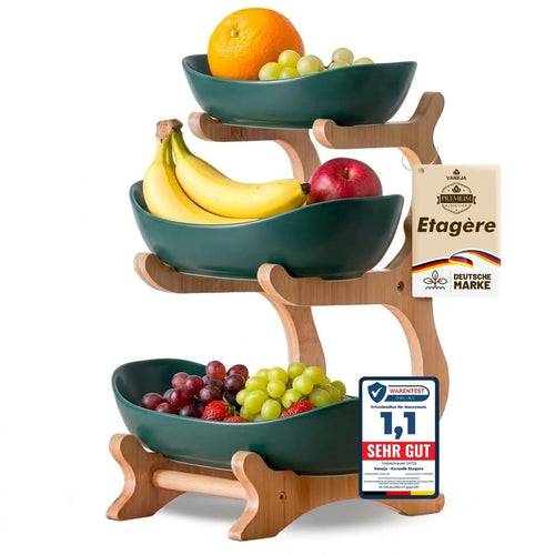 Obst-Etagere 3-stöckig Keramik & Bambus Dunkelgrün Küche