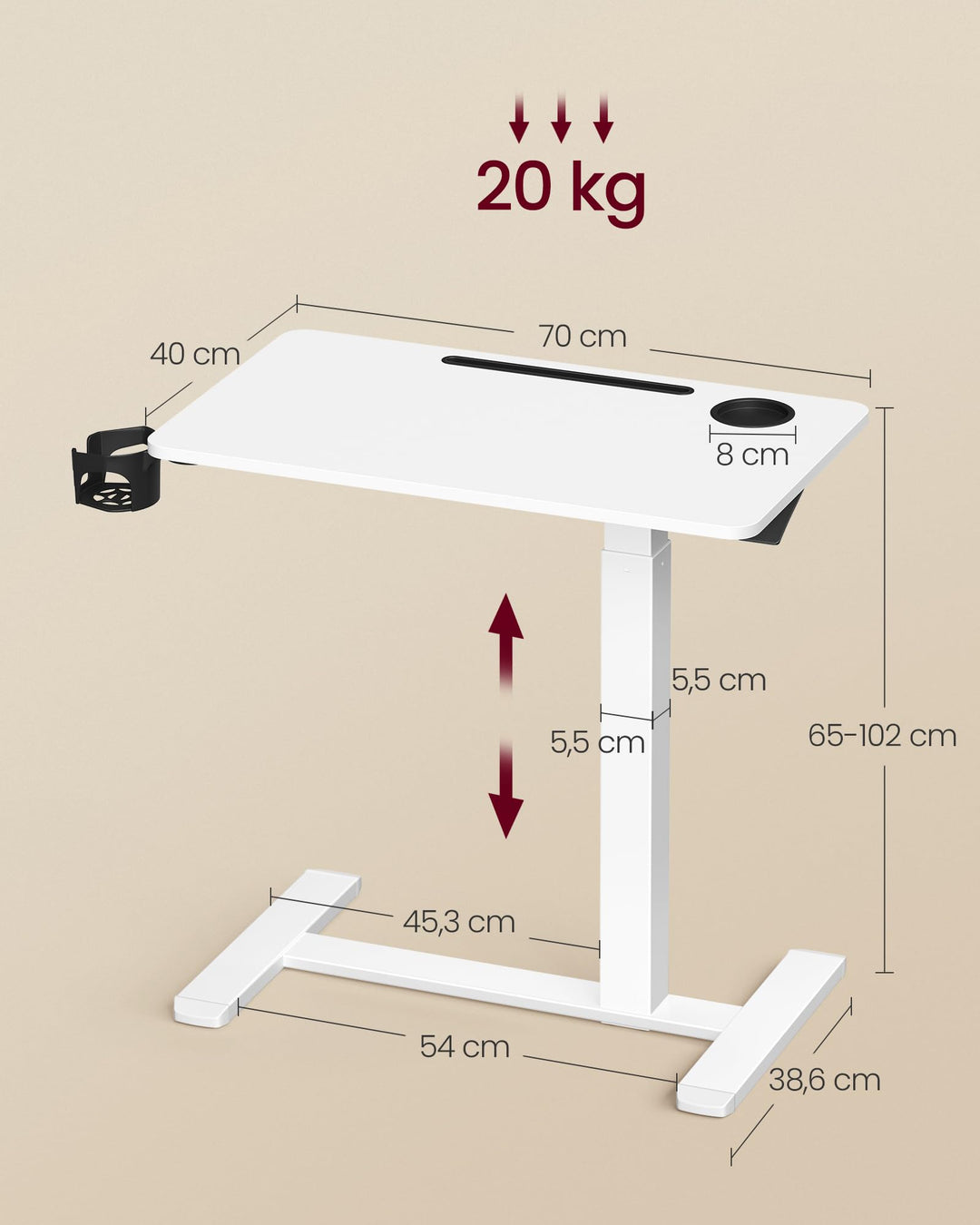 Beistelltisch höhenverstellbar mit Rollen 65-102 cm, 70x40 cm - Bild 6