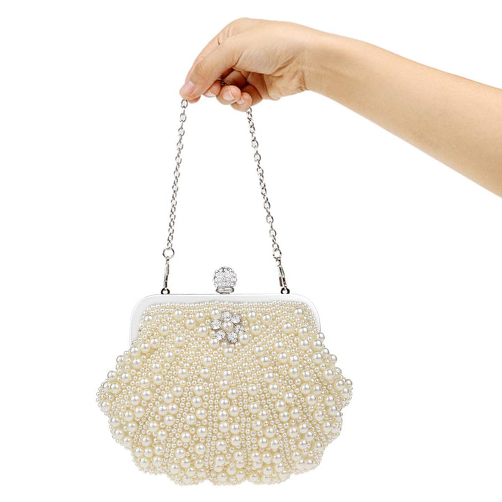 Abendtasche Kunstleder Perlenoptik Beige mit Schulterriemen - Bild 4