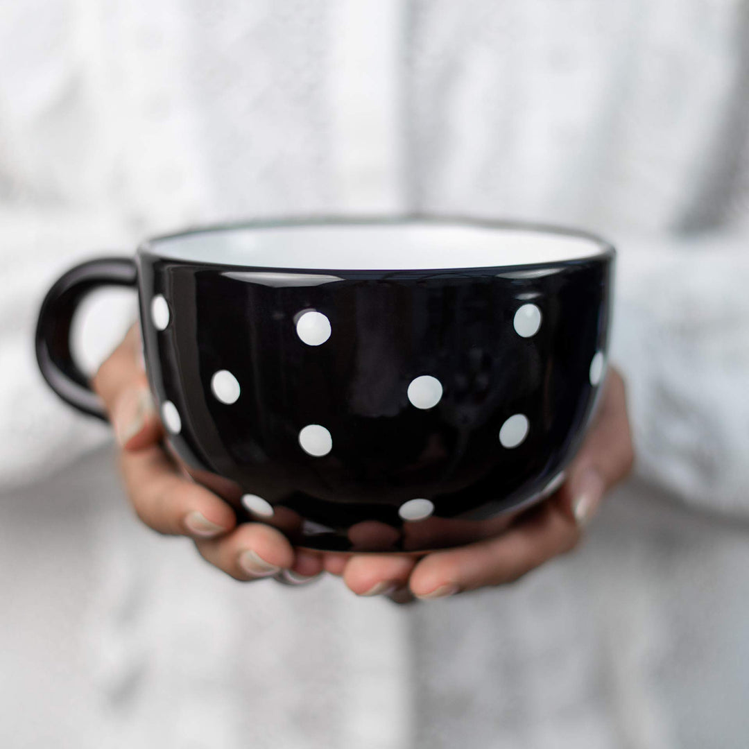 Keramik Tasse XXL 500 ml Schwarz Weiss Polka Dots handgemacht