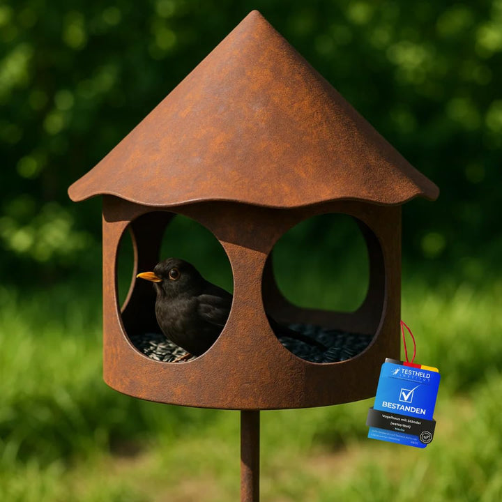Vogelfutterhaus mit Ständer Metall Rostoptik wetterfest 154 cm