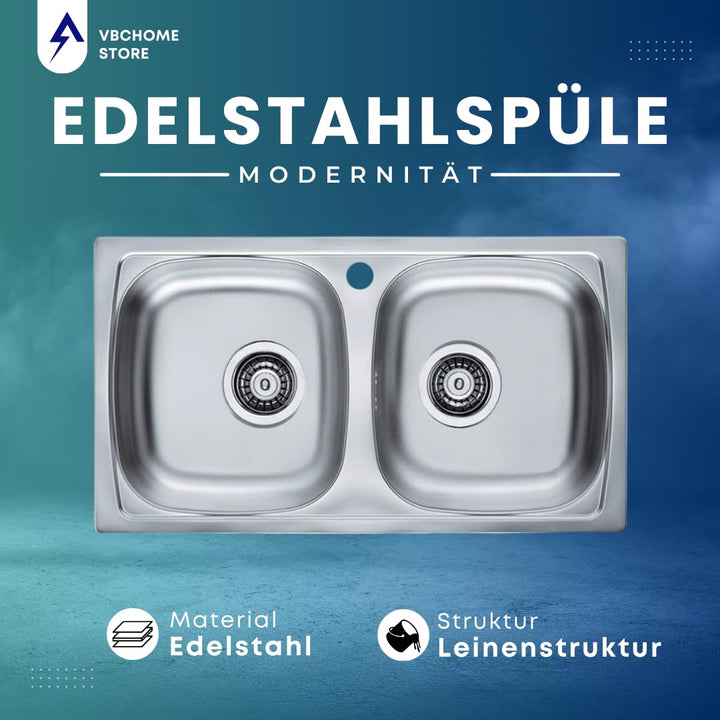 Edelstahlspüle Doppelbecken 78x44 cm Leinenstruktur mit Ablaufgarnitur - Bild 3