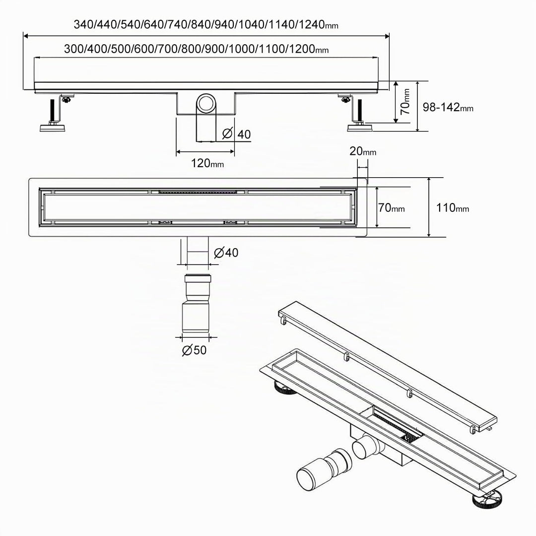 Duschrinne 70 cm Edelstahl befliesbar mit Haarsieb und Siphon - Bild 3