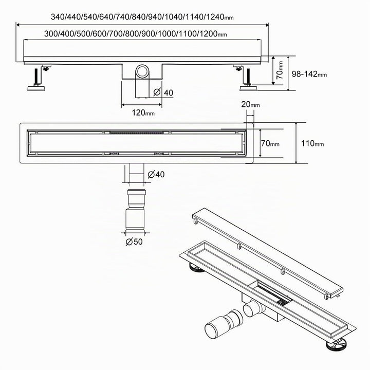 Duschrinne 70 cm Edelstahl befliesbar mit Haarsieb und Siphon - Bild 3