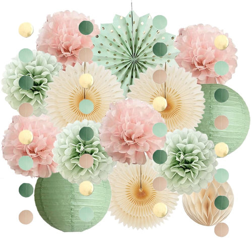 Party Deko Set Salbeigrün Rosa Pompons Laternen Fächer 16-teilig