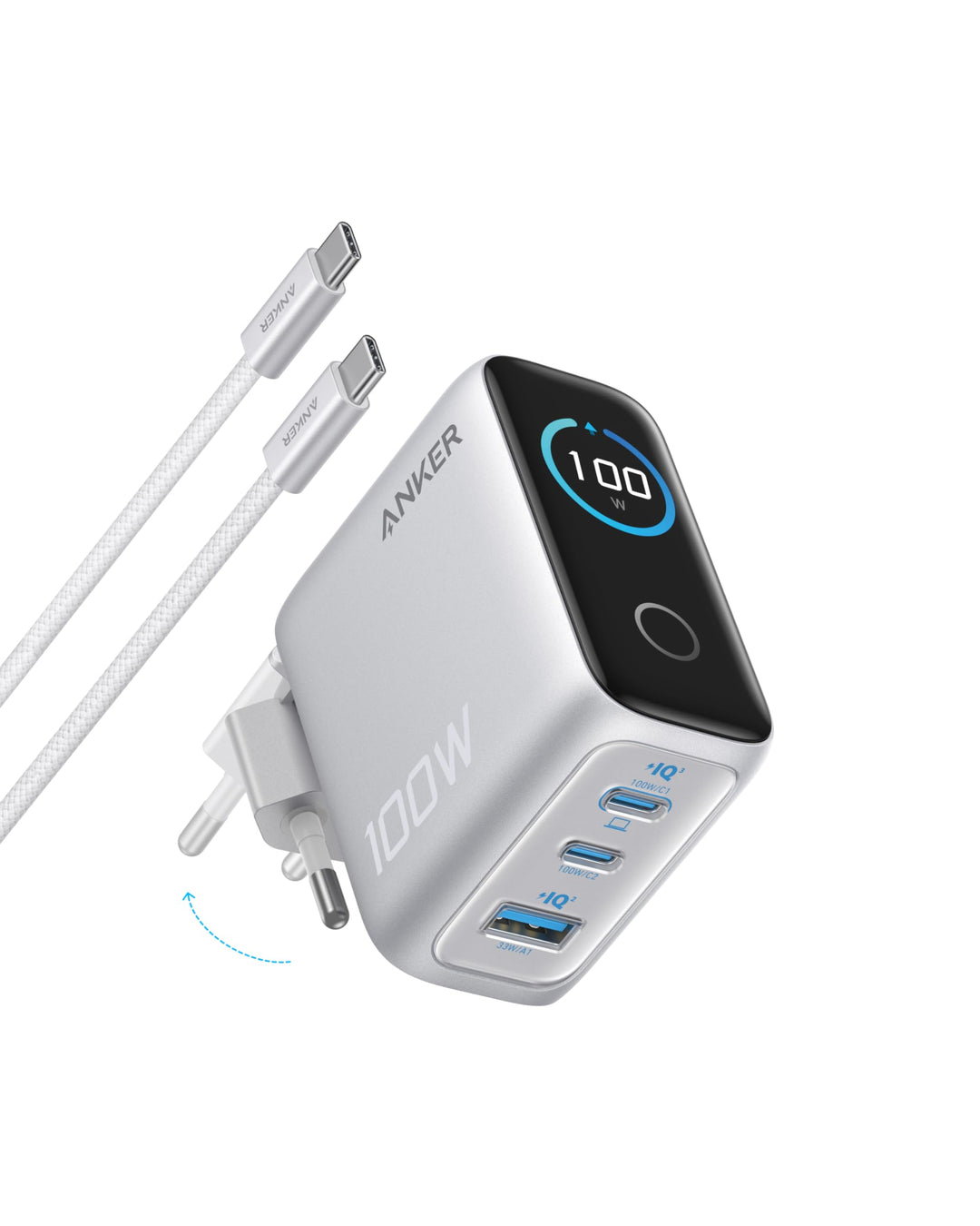 USB-C Ladegerät 100W GaN 3-Port mit Smart Display kompakt