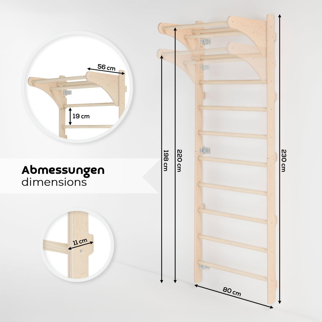 Sprossenwand Holz mit Turnringen für Heim-Fitness Wandmontage - Bild 2
