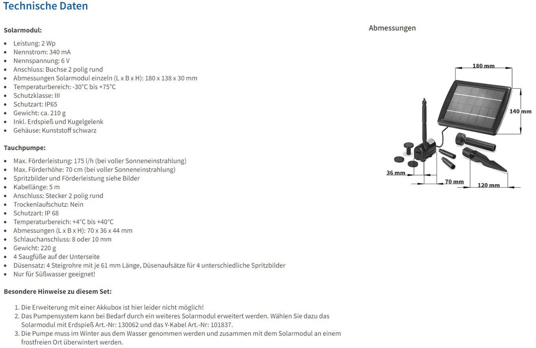 Solar Teichpumpe mit 4 Fontänenaufsätzen 2W Direktbetrieb 175 l/h - Bild 10