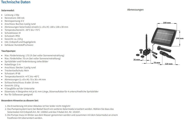 Solar Teichpumpe mit 4 Fontänenaufsätzen 2W Direktbetrieb 175 l/h - Bild 10