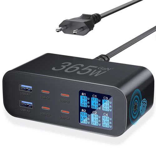 USB-C Ladestation 365W 6-Port mit LED-Anzeige GaN Schnellladegerät