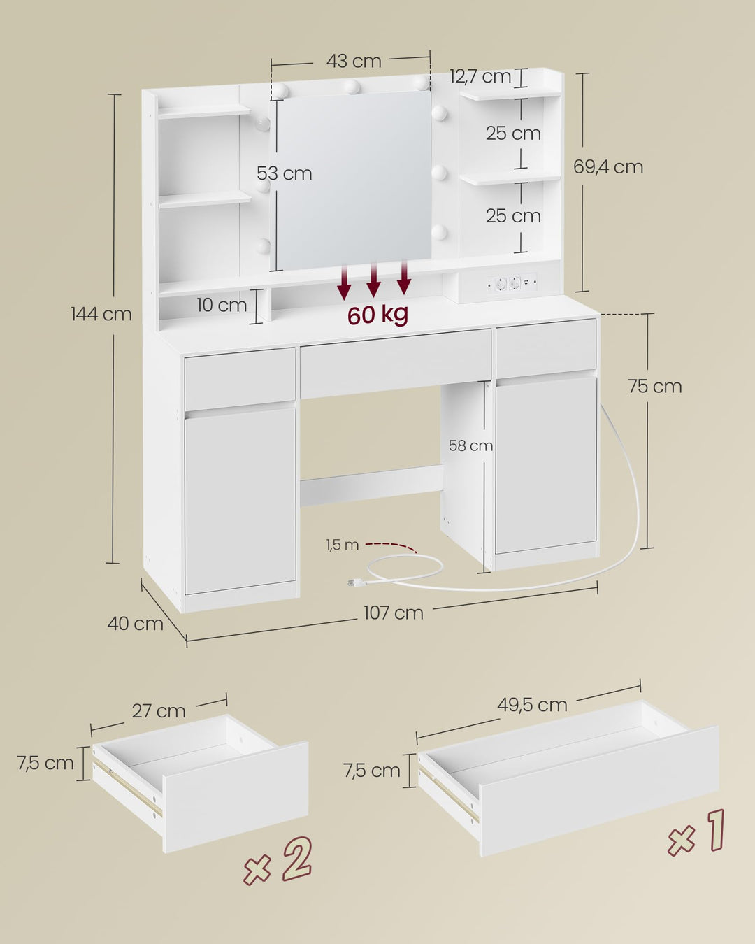 Schminktisch mit LED-Spiegel 3 Schubladen Wolkenweiß 107 cm - Bild 6