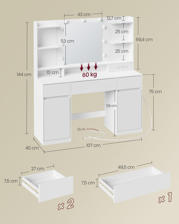 Schminktisch mit LED-Spiegel 3 Schubladen Wolkenweiß 107 cm - Bild 6