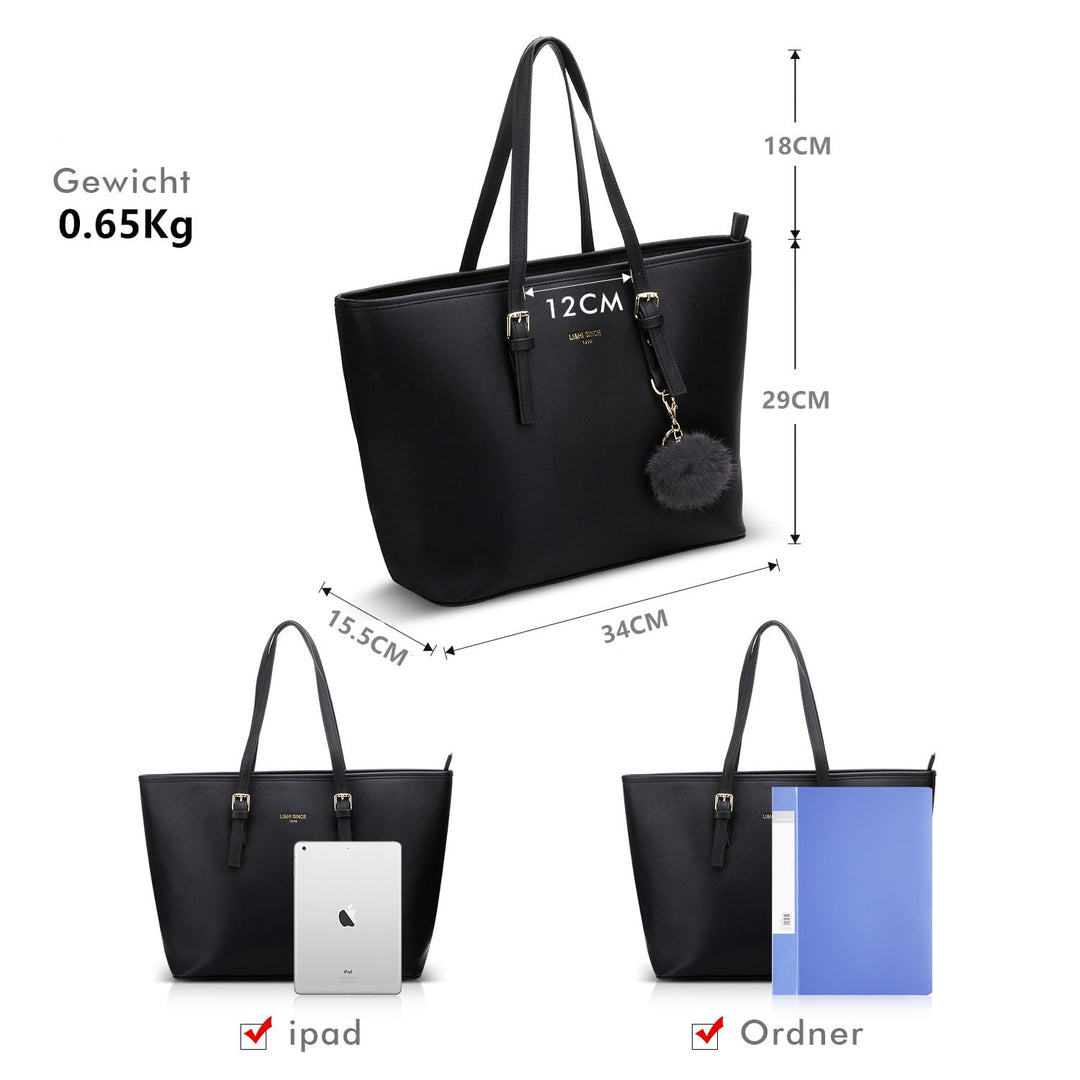 Handtasche Damen Shopper PU-Leder Schwarz mit Haarball 34x29x15 cm - Bild 5